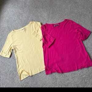 Karen Scott Sz.L Two Tops Yellow & Rose Pink Short Sleeves w/Cuff Hemline Splits